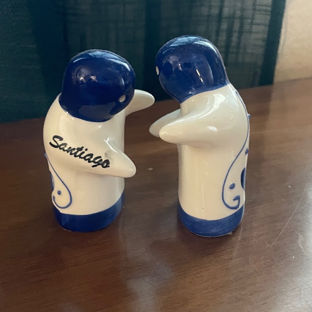 Blue and White hugging Salt and Pepper Shakers
